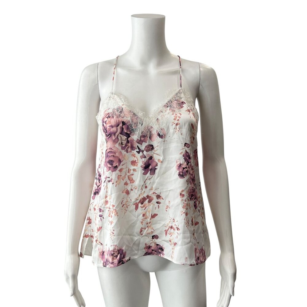 $178 Cami White Pink Floral Lace Trim Tank Silk Racerback Top size XS